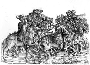 Ti musikere med trompeter, fra triumftoget til keiser Maximilian I, ca. 1517